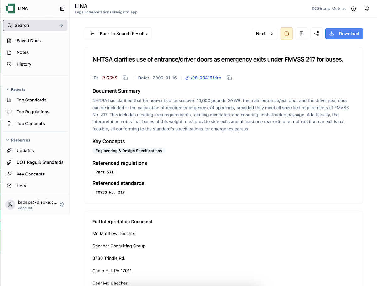 LINA Legal Interpretations Navigator Application